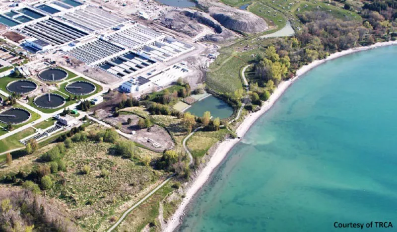 water front aerial shot of markham water treatment