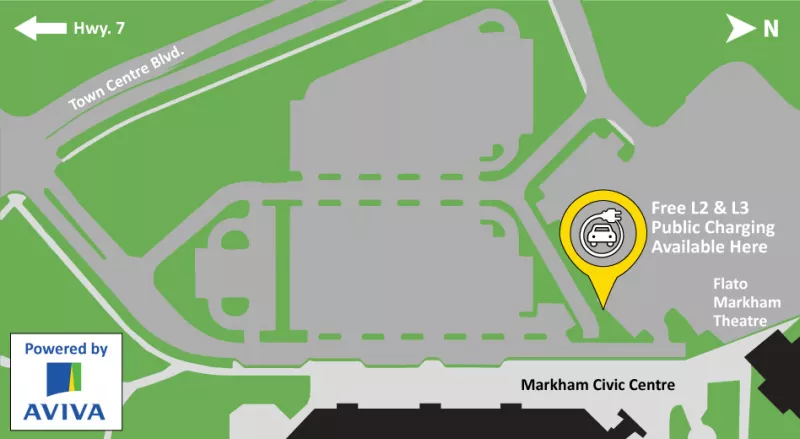 There are Level 2 and Level 3 public charging stations available at the Markham Civic Centre parking lot.