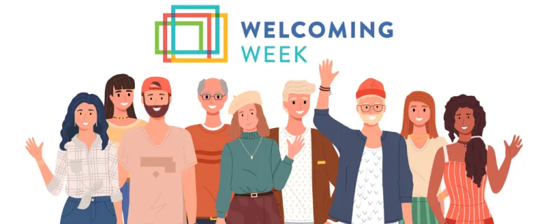 Illustration of diverse people from different countries smiling and waving in greeting, including men and women, expressing friendliness and waving “hello” or “welcome.”