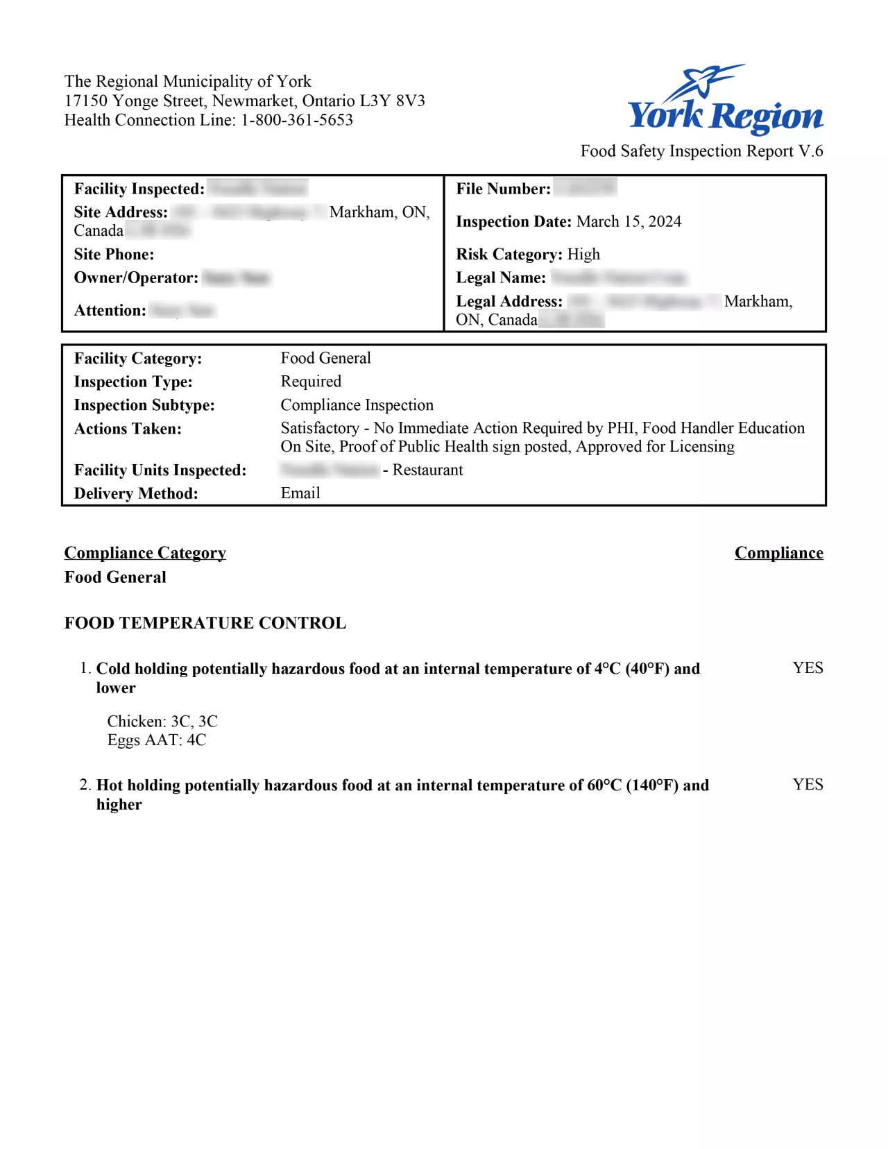 Health Inspection Report