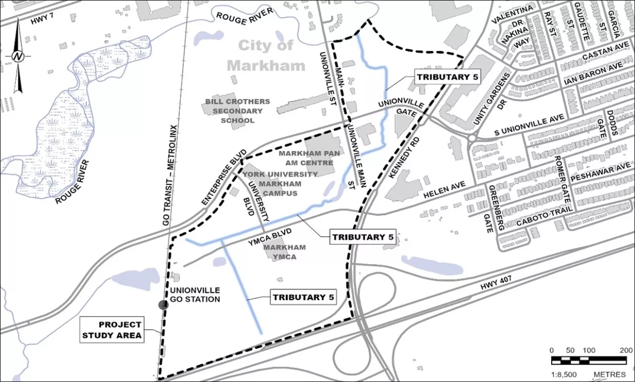 Map of Markham showing the Rouge River Tributary 5 Project Study Area.
