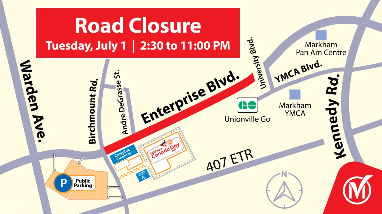 Map showing road closure on Enterprise boulevard from Birchmount Road to University boulevard. Text reads road closure, Tuesday, July 1, 2:30 to 11 PM.