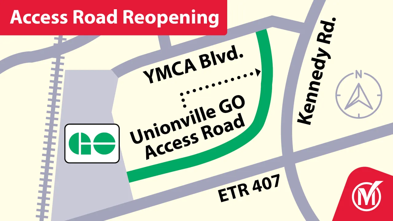 Map of Unionville GO station. Text reads access road reopening.