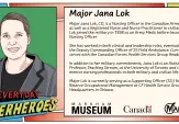Major Jana Lok, CD, is a Nursing Officer in the Canadian Armed Forces and a Registered Nurse/Nurse Practitioner. She joined in 1998 as an Army Medic, later becoming Deputy Commanding Officer of 25 Field Ambulance. Currently, she serves with the Canadian Forces Health Services Group Headquarters. Jana is also an Assistant Professor at the University of Toronto, mentoring nursing professionals in both military and civilian life. Learn more at Markham Museum.