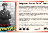 Peter Max Reesor, a 6th generation Reesor from Markham, enlisted in the Canadian Field Artillery in 1916. By 1917, he was in France, where he qualified as a signaler and was awarded the Military Medal for bravery at the Battle of Amiens in 1918. He was discharged in May 1919, after the war ended. Known as “Dirty Max” for his rough hockey style, he married in 1943, passed away in 1971, and is buried in Elmwood Cemetery, Markham. Learn more at Markham Museum.