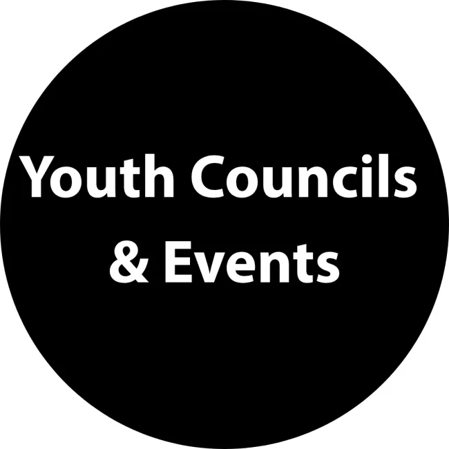 Black Circle that reads Youth Councils & Events