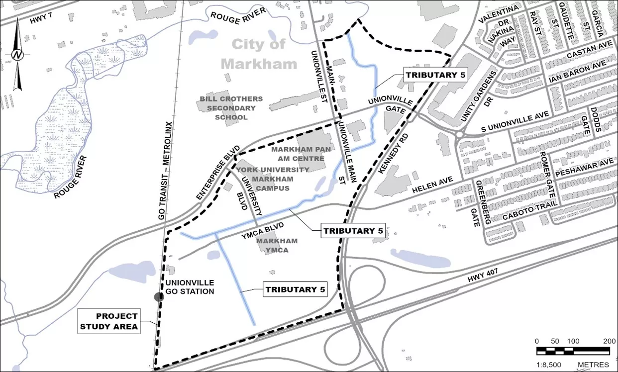 Map of Markham showing the Rouge River Tributary 5 Project Study Area.