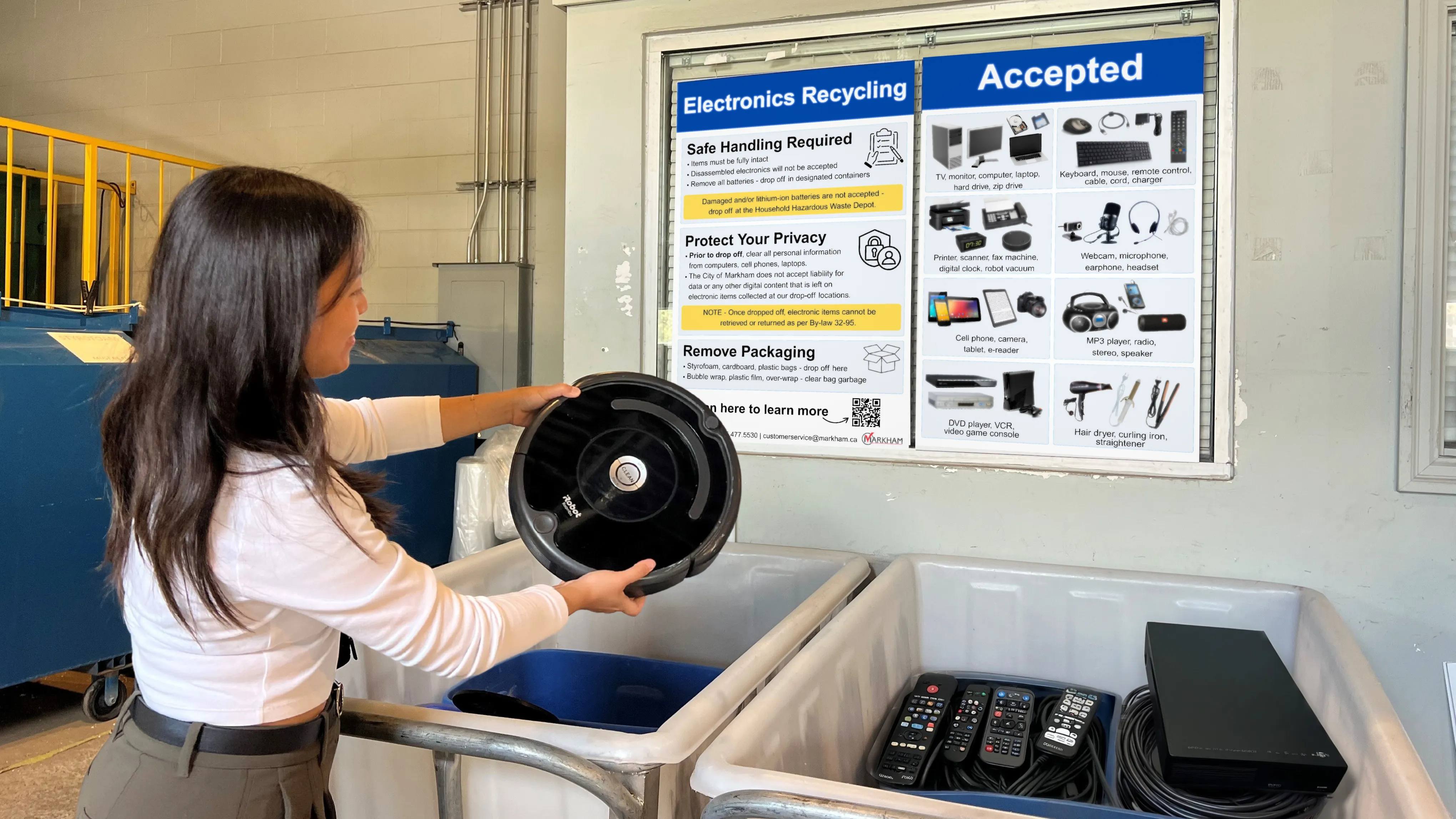 Young Woman Donating eWaste at Recycling Depot