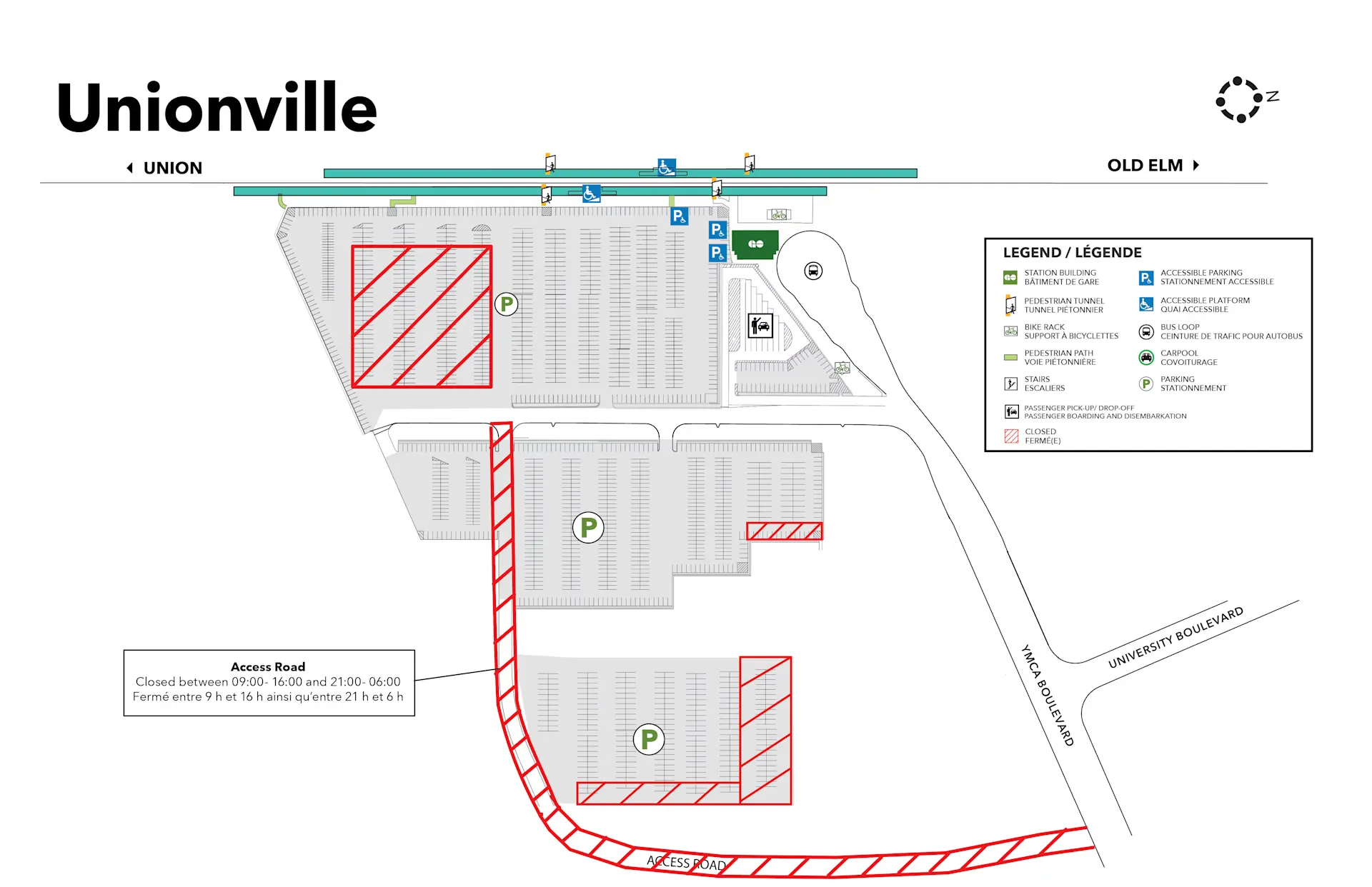 Unionville parking lot map showing impacted roads and parking spots.