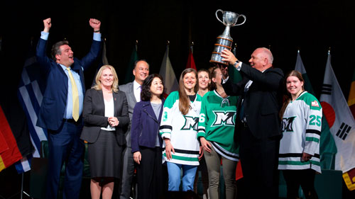 From left to right: Chris Bratty, President, Land Development & Investments, Remington Group; Dr. Rhonda Lenton, President and Vice Chancellor, York University; Amin Tejani, Vice President, Operations, Weins Canada; Joanna Ng, Chair of Cognitive IoT Strategy & Innovative Teams STSM & Master Inventor, IBM Canada; Laura Fortino, Team Canada & Markham Thunder; Chelsea Purcell, General Manager, Markham Thunder; Karolina Urban, Markham Thunder; Mayor Frank Scarpitti; Taylor Woods, Markham Thunder.